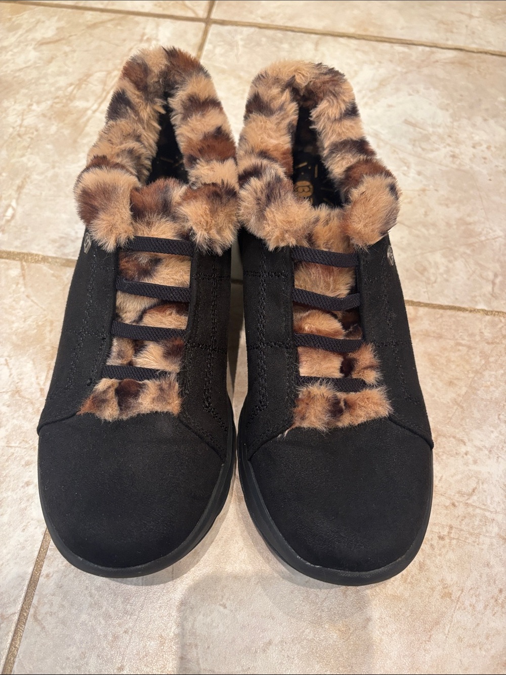 BZees Women's Black Faux-Fur Trim Slip-On Sneakers